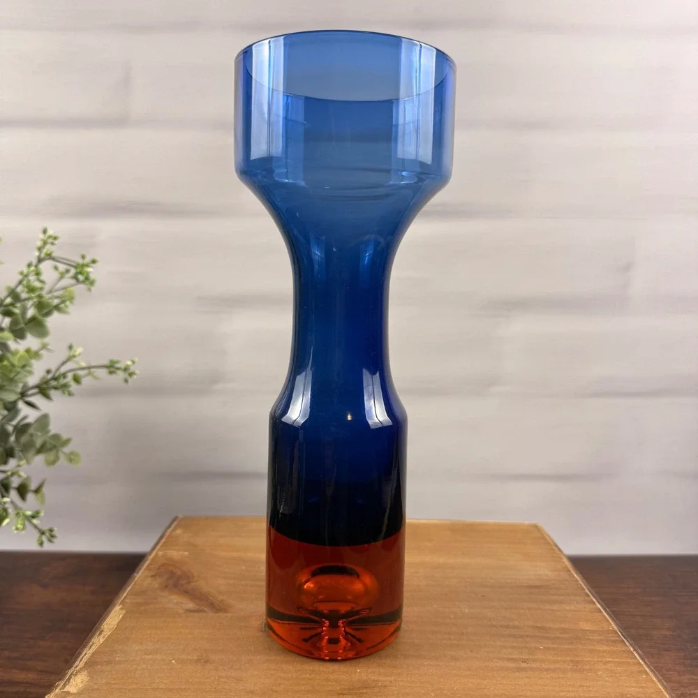 Aseda B5/610-B Bo Borgstrom Swedish Art Glass Vase Blue Orange MCM